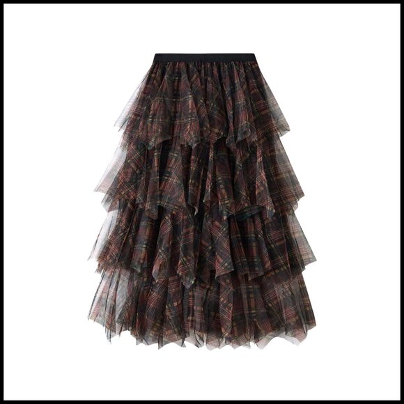 Dresses & Skirts - Tulle Mesh Plaid Skirt High Waist A Line Tiered Ruffle Long Skirt